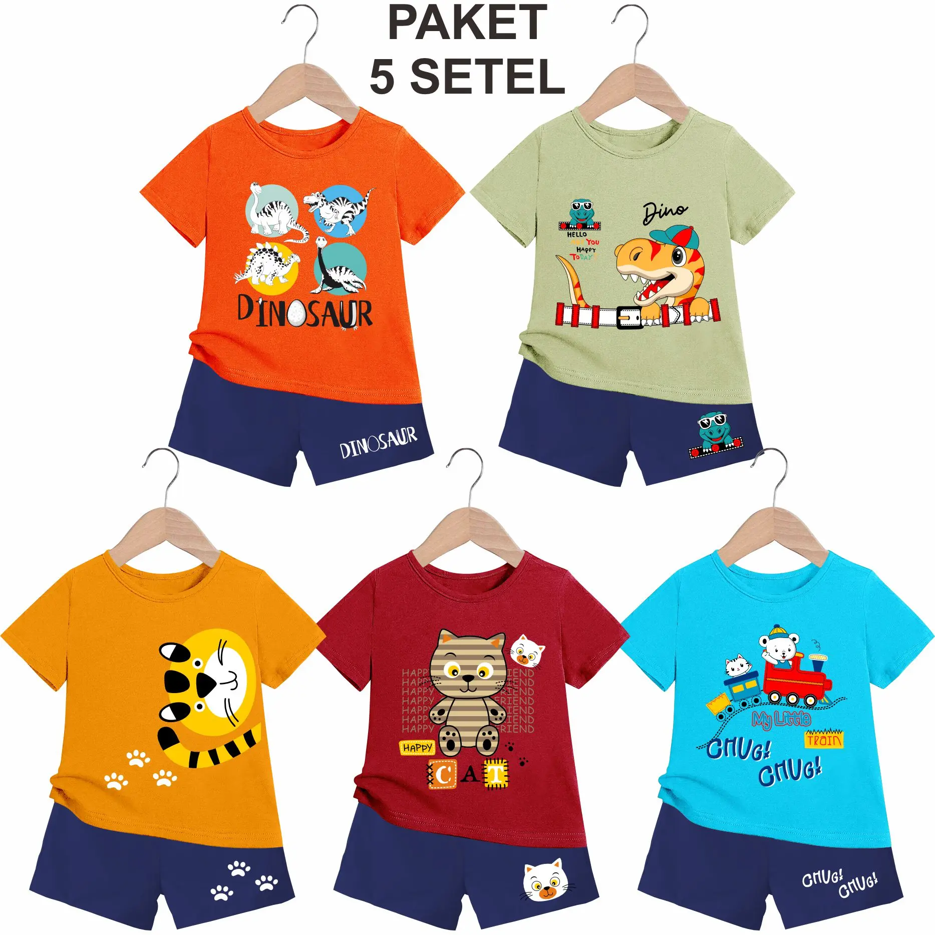 BAJU SETELAN Anak Laki Laki Paket ISI 5 SETEL/5 SET BAJU  usia 0-4 Tahun Boy dengan gambar lucu Kids