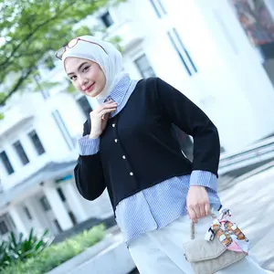 Mybamus X Listy Ity Kemeja Layer Cardi Kombinasi Stripe Layer Shirt Atasan Wanita 2 in 1 Lengan Panjang