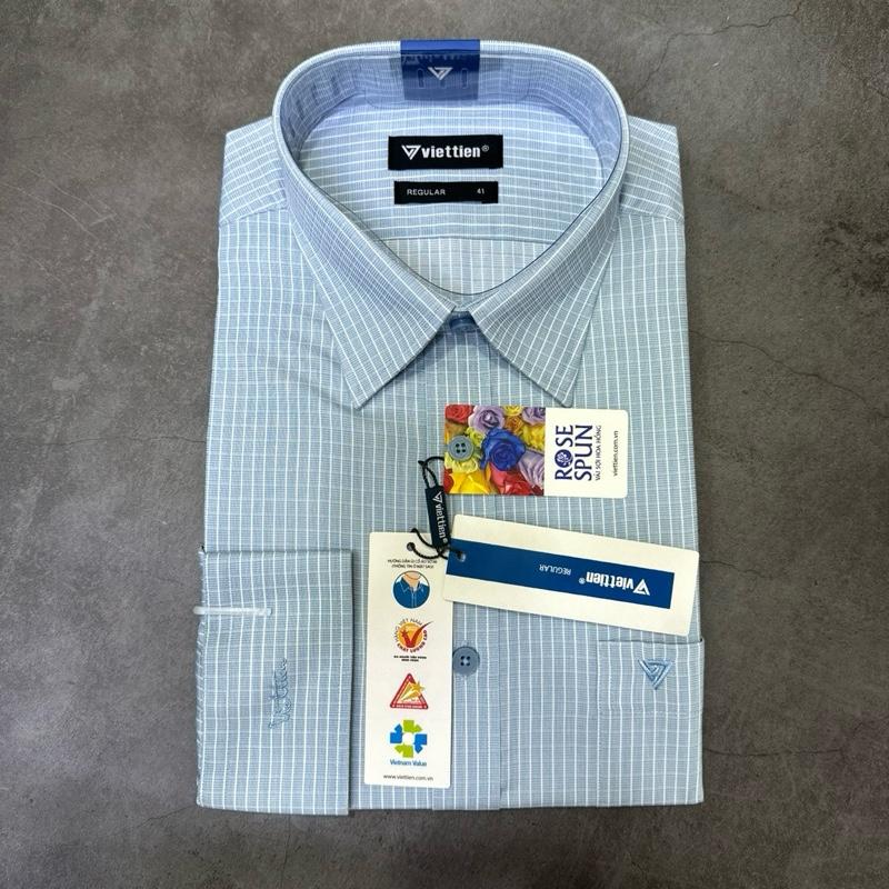 ( VIETTIEN ) Áo Sơ Mi Nam  Dài Tay  1S1916 kẻ  xám xanh sợi hoa Hồng