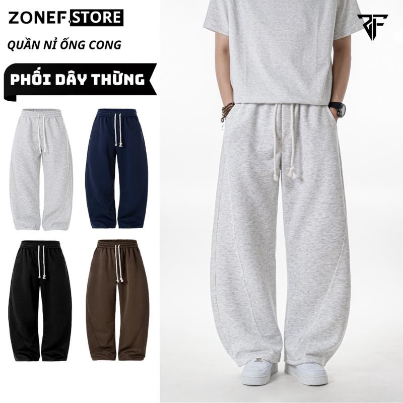 Quần Nỉ Ống Cong Phối Dây Thừng Bản Nhỏ ZONEF STORE Chất Nỉ Ép Hàn Dày Dặn Quần Thu Đông Phong Cách Stretwear Nam Nữ NOC