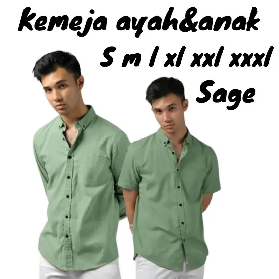 Kemeja Polos ayah dan anak laki laki warna sage lengan pendek dan panjang dewasa katun keluarga