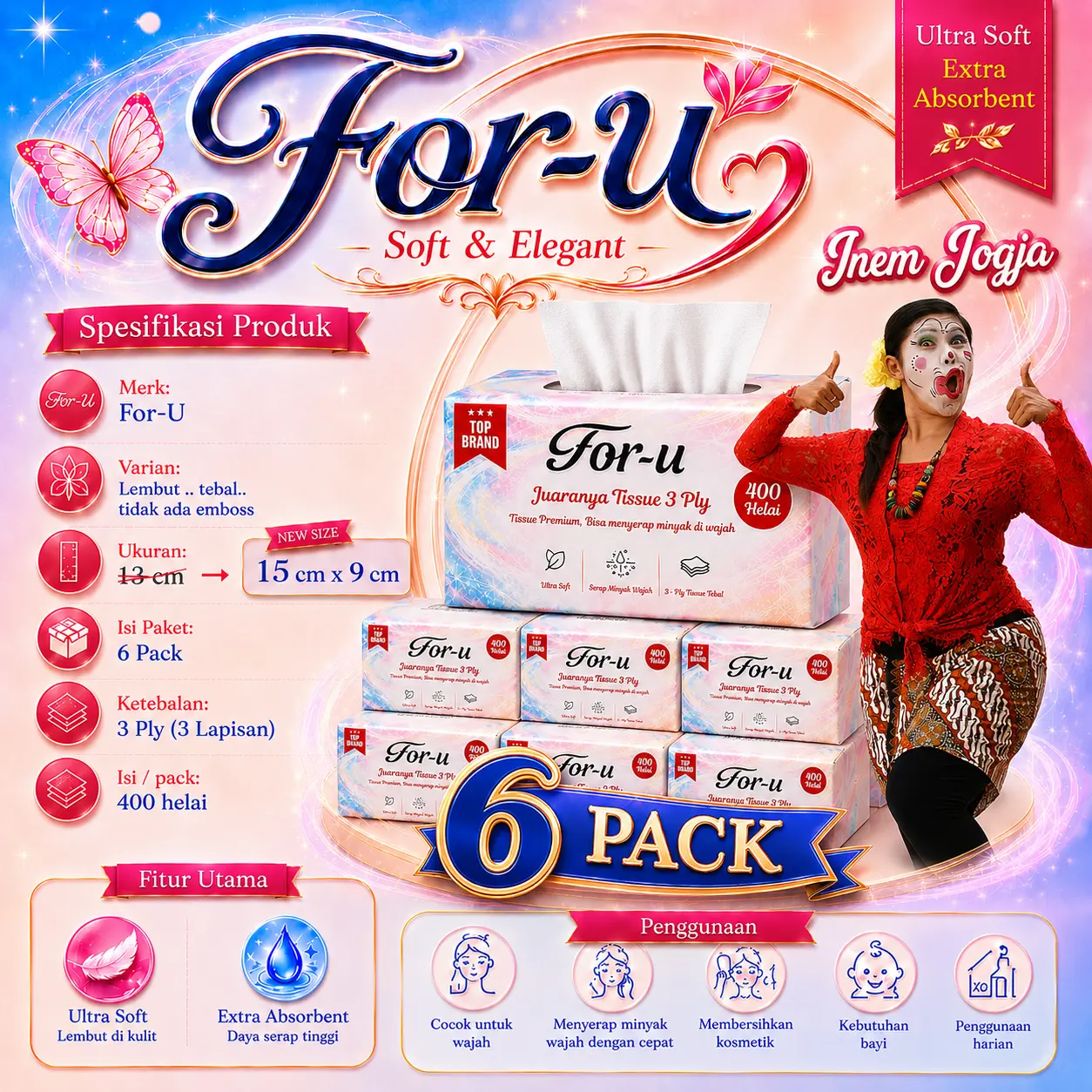 For-U Premium Tissue Wajah Isi 6 & 10 Pack 3 Ply 400 Sheets | Tisu Wajah Premium Lembut Tebal Daya Serap Tinggi