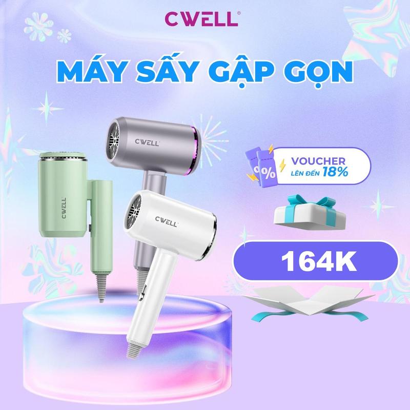 DEAL LIVE Máy sấy tóc gấp gọn CWELL 2 chiều nóng & lạnh 1800W 3 chế độ nhiệt kiểu dáng mới kèm ánh sáng xanh nhiệt vừa phải giảm xơ rối C05HD