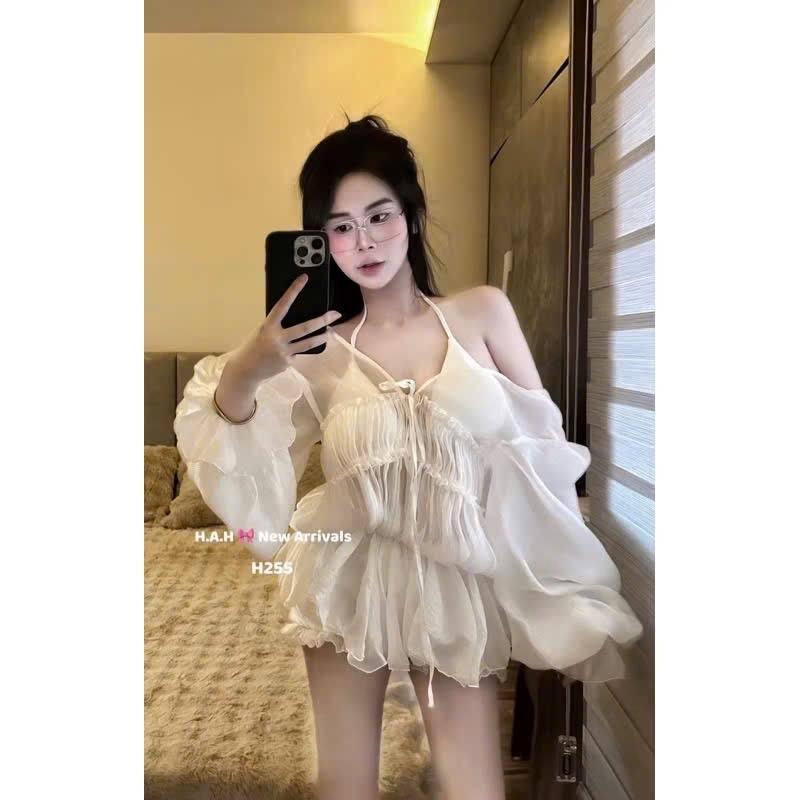SET ÁO VOAN TƠ TRẮNG BO RÚT NHÚNG TD + BRA  2S + SHORT SIZE SM 0