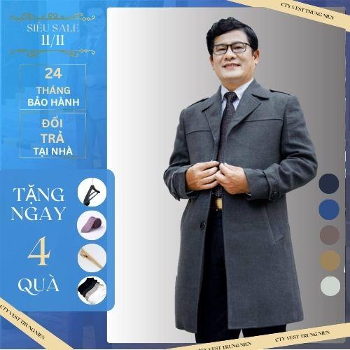  áo dạ lông cừu nam - áo măng tô nam trung niên nông cừu dáng dài Menswear Jacket Có Túi 
