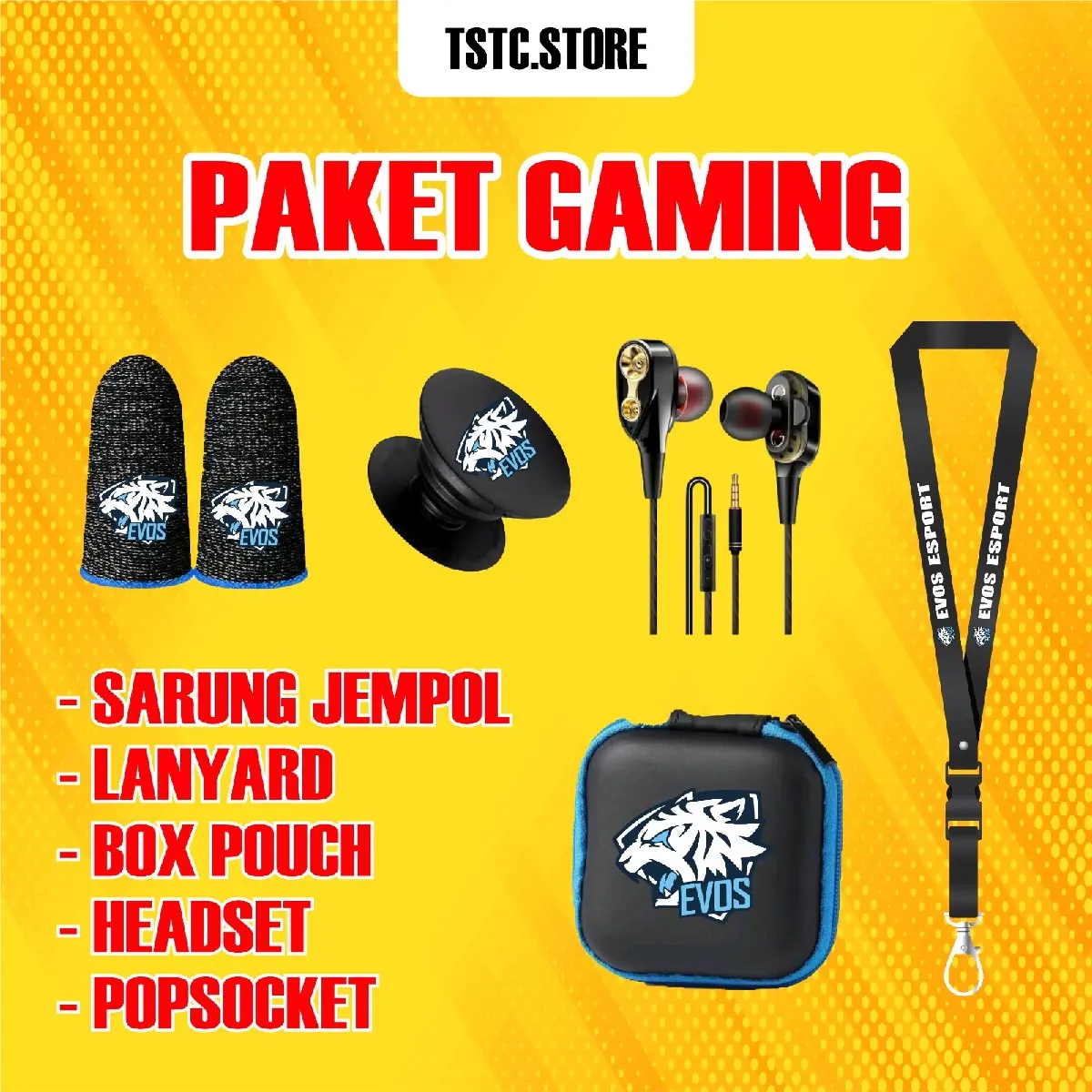 PAKET GAMING ISI 5 EVOS  HEADSET TALI LANYAR POP SOCKETSARUNG GAMING JEMPOL JARI GAME ML Joystick Accessories