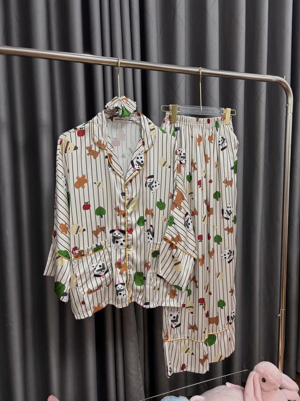 BỘ PIJAMA HONEYBEE ÁO TAY DÀI QUẦN DÀI CÚN NÂU ĐỐM LỤA LATIN KÈM CỘT TÓC 5