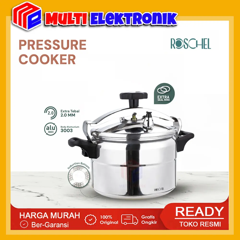 Roschel Pressure Cooker RPO-104 / RPO-108 / RPO-112 High Grade Aluminium 3003 Panci Presto 4 Liter / 8 Liter / 12 Liter Cocok untuk kompor Induksi