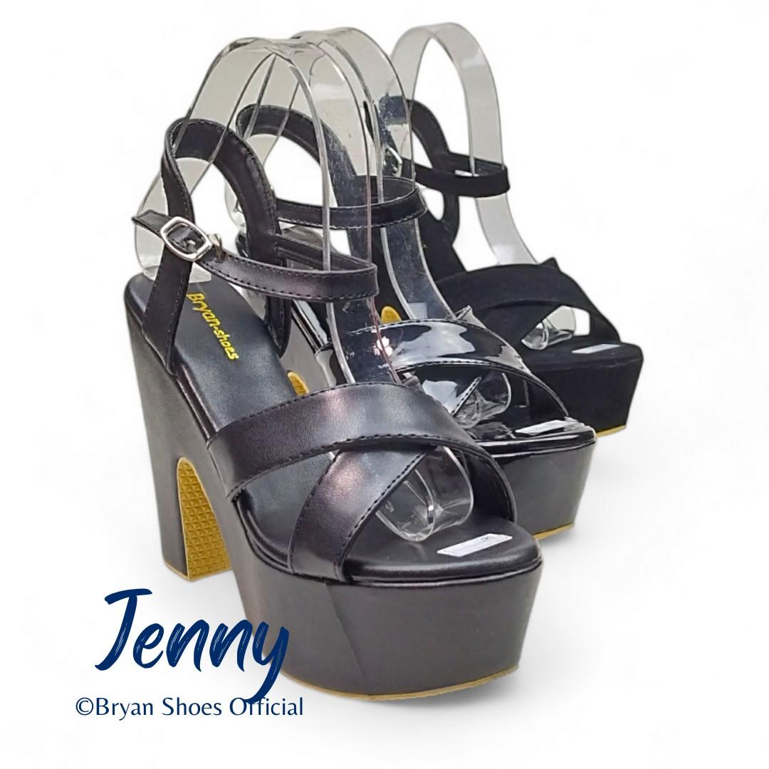 Bryan Jenny Platform Sandal High Heels Wanita tali 12cm Silang Hak tinggi tahu Shoes Hitam Putih sepatu cewek retro chunky Black hils Sendal Perempuan buat wisuda graduation wedges antiselip moca ootd pesta gemes cewe Antislip Fashion Show Catwalk Wedding