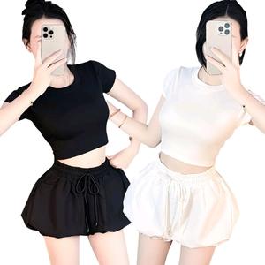 [Size S, M] Set Phối Áo Croptop Borip Form Basic Ôm Body Áo Trơn Phối Quần Bí Nhúng Lai Kate, Nữ Women Voi