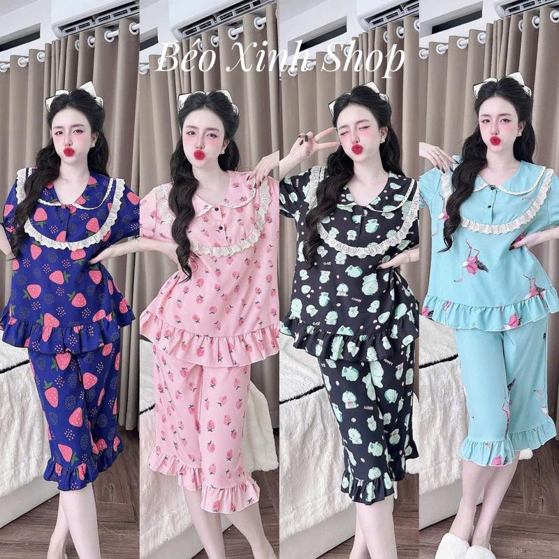 Đồ Bộ - Đồ Ngủ Lửng Pijama Bigsize 50-100kg Vải Lụa Nhật Phối Ren Tiểu Thư Mềm Mịn Mát Nữ Women Quần Ngủ Áo Ngủ - A.5216