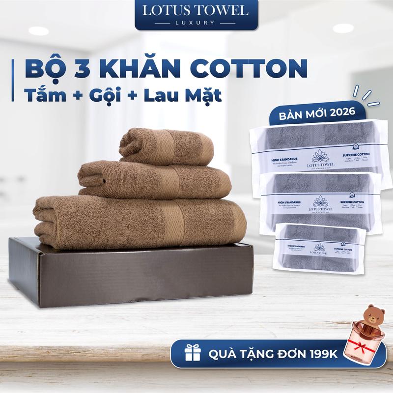Bộ 3 Khăn ( Khăn Tắm, khăn Gội, Lau mặt) lotustowel Làm Từ Sợi Cotton Cao Cấp, Mềm Mịm, Thấm Hút, Không Ra Màu Dùng cho Nhà Tắm, Spa, Khách sạn, Resort