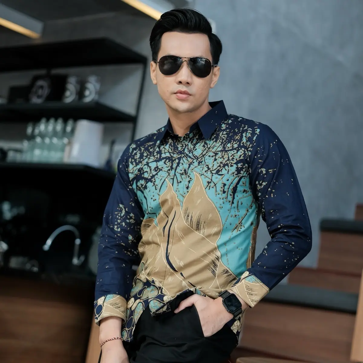KUSUMA BIRU Kemeja batik pria lengan panjang furing full Ero katun slimfit Navy