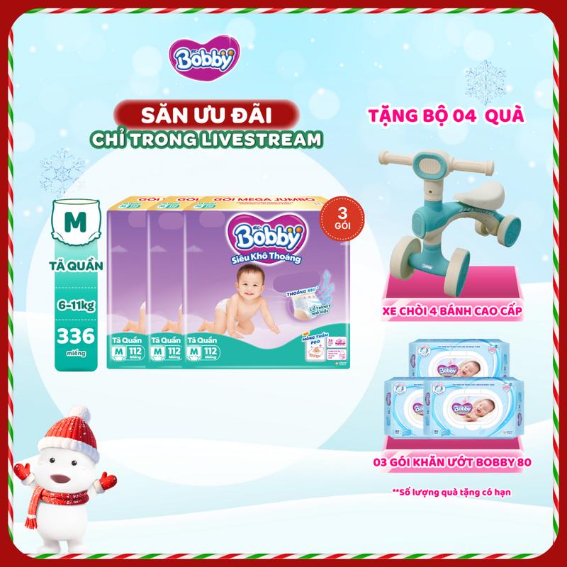 KOL COMBO 3-TẶNG: XE CHÒI 3 KHĂN ƯỚT 80M Bobby Tã bỉm quần M112 L96 XL84 XXL76 Siêu khô thoáng