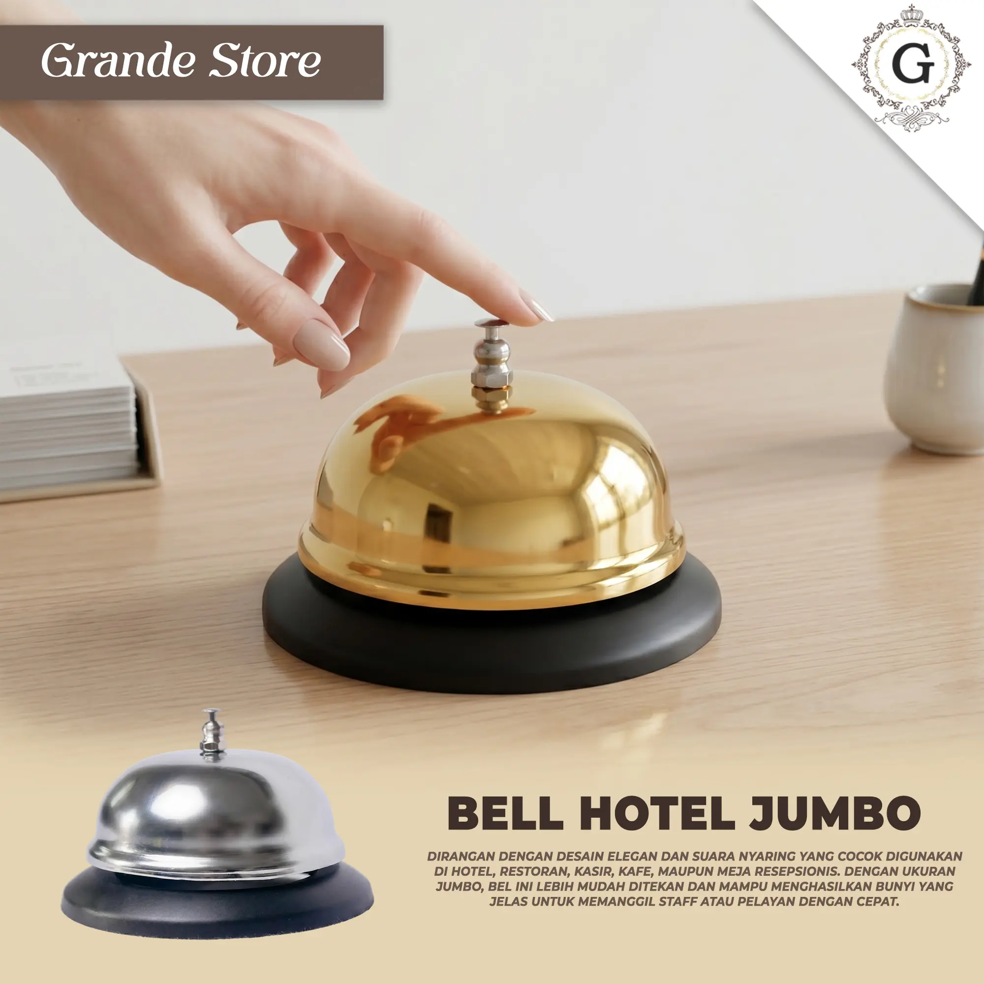 Bell Meja Hotel Desain Mewah & Elegan Untuk Meja kasir Hotel dan Restoran Bunyi Nyaring| Bell Meja Jumbo Stainless Steel Premium High Quality
