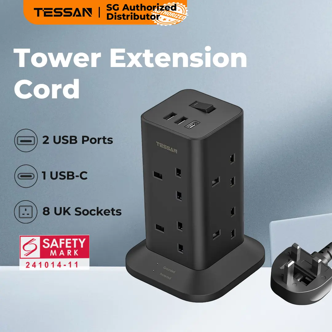 TESSAN SG Safety Mark 8 Outlet Tower Multi Plug Extension Cord with USB & Type C Surge Protector