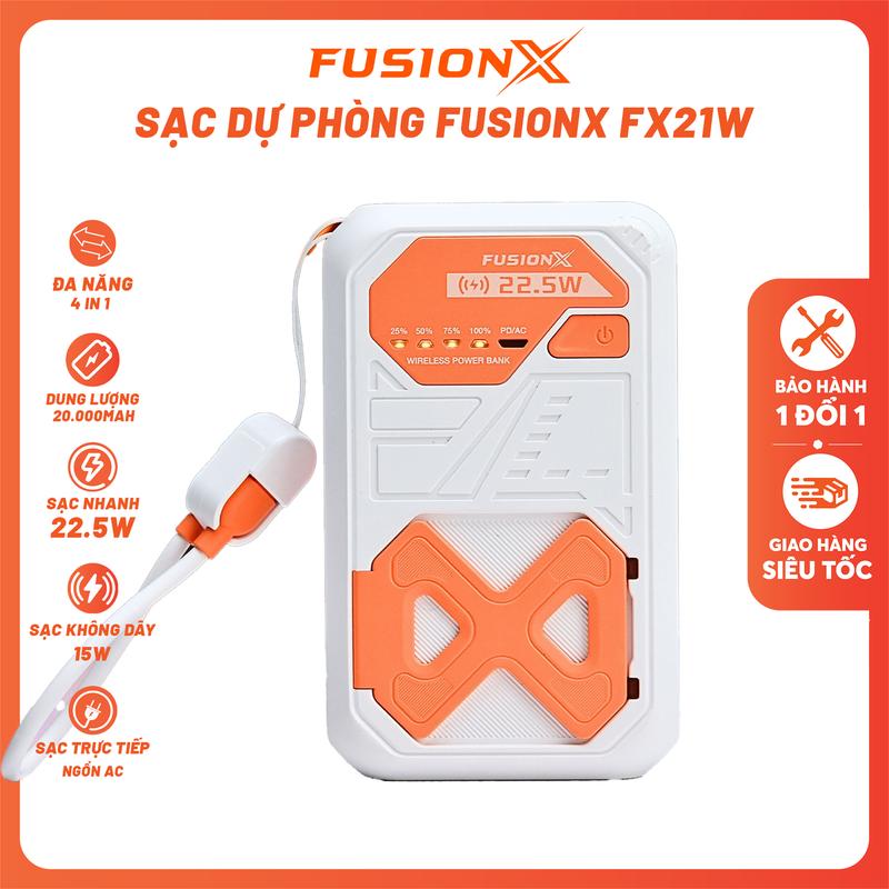 Sạc Dự Phòng Không Dây FX-21W 20.000mAh - Sạc Không Dây Magsafe 15W Sạc Nhanh PD20W Tích Hợp Dây Sạc 2in1 Tích Hợp Củ Sạc Nhanh | Fusionx FX-21W