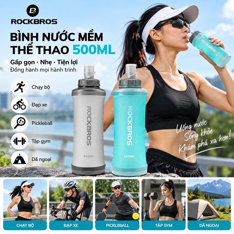 ROCKBROS Bình Nước Chạy Bộ 500ML Gấp Gọn Siêu Nhẹ, Bình Nước Mềm Cầm Tay Tiện Lợi Cho Pickleball, Gym, Đạp Xe & Thể Thao Ngoài Trời