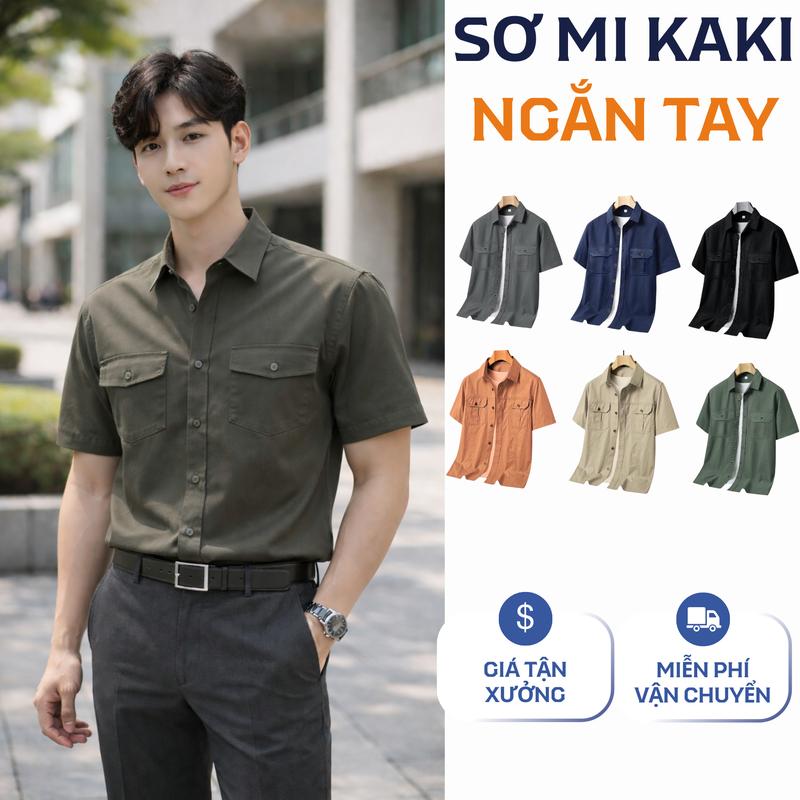 Áo sơ mi kaki nam ngắn tay form thỏa mái cao cấp sơ mi kaki 2 túi dày dặn chuẩn kaki chất lượng