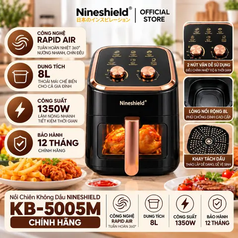 NỒI CHIÊN KHÔNG DẦU NINESHIELD KB-5005M CHUẨN CHÍNH HÃNG DUNG TÍCH 8L CÔNG SUẤT 1350W, CÔNG NGHỆ RAPID AIR, TUẦN HOÀN NHIỆT 360 ĐỘ - BẢO HÀNH 12 THÁNG