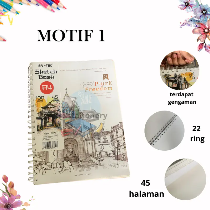[1 PC] Buku Sketch Book Gambar / Buku Menggambar Sketsa Spiral Aesthethic Ukuran A4 Isi 45 Lembar 100 Gsm Vtec 1