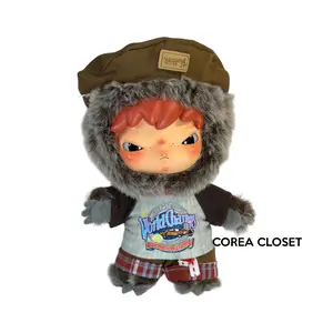 READY STOCK Baju Boneka hirono dimoo Labubu Denimalz Doll Clothes - World Champ Clothes Grey Set (Kaos Abu, Celana Coklat & Topi Beret Coklat) Baju Boneka Mini Plush KPOP Aksesoris