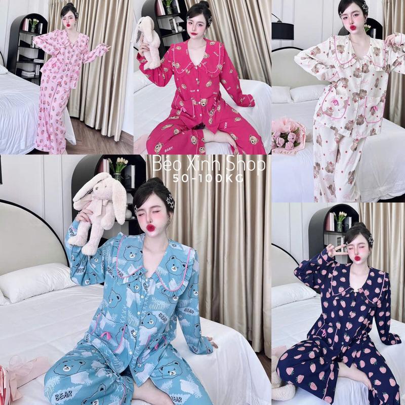  Đồ Bộ - Đồ Ngủ Tay Dài Quần Dài Vải Lụa nhật Cao Cấp Phối Cổ Bèo Tiểu Thư Pijama Bigsize 50-100kg Bộ Ngủ Nữ Áo Ngủ Women Quần Ngủ - A.5647 