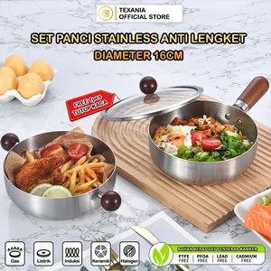 [Year End Sale] TEXANIA  BISA PILIH Panci dan Saucepan Stainless Steel Anti Lengket Anti Karat Diameter 16cm Gagang Kayu Lembut Tahan Panas Kitchenware