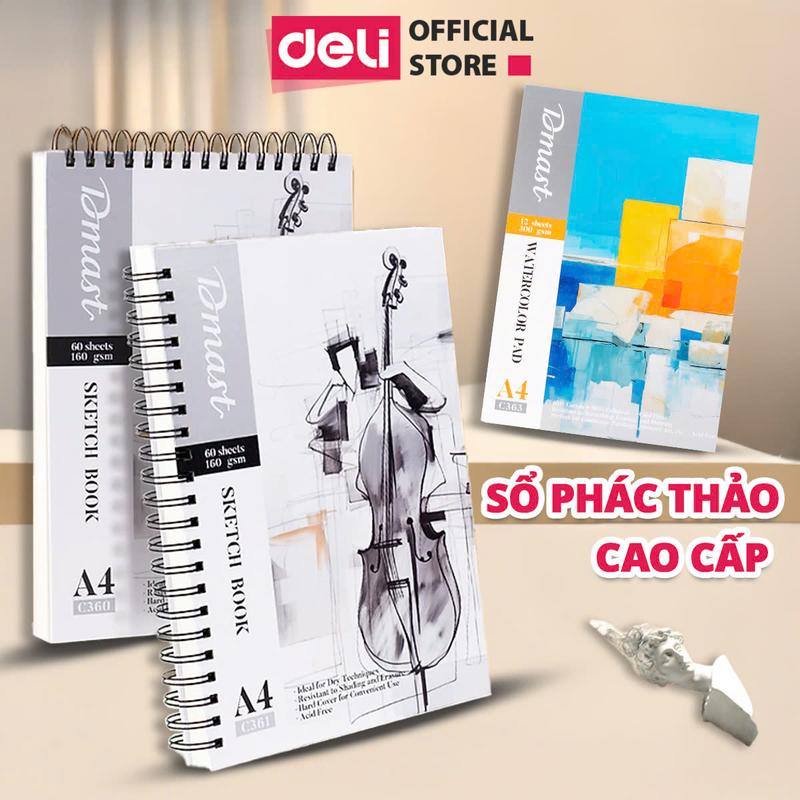 Sổ vẽ chuyên dụng A3 A4 Dmast cao cấp Deli - 160 300gsm vẽ chì phác họa Sketchnote màu nước cơ bản chuyên nghiệp