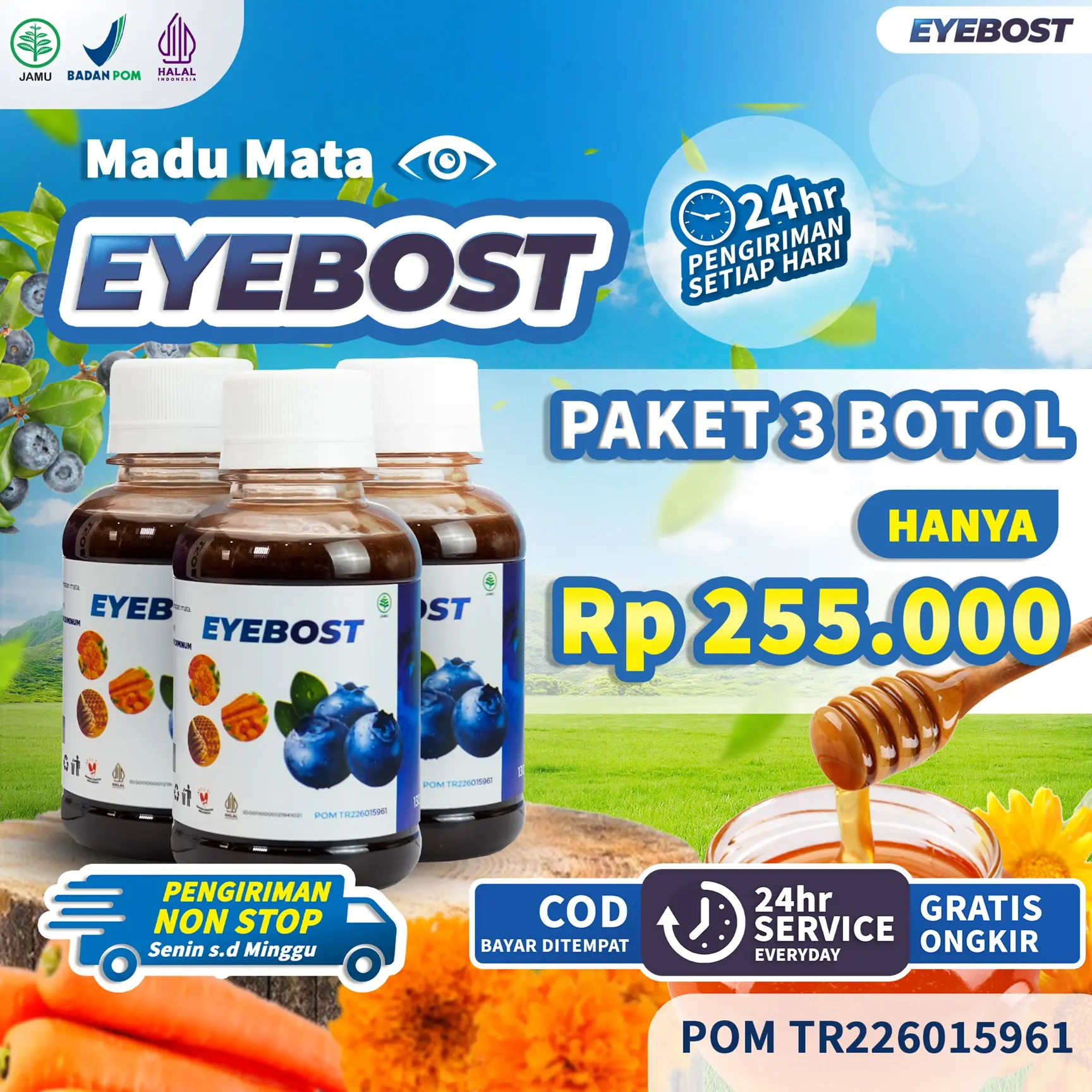 [PAKET 3 BOTOL EYEBOST] Eyebost Madu Herbal Vitamin Mata 130ml - Dengan Vitamin A untuk Kesehatan Mata