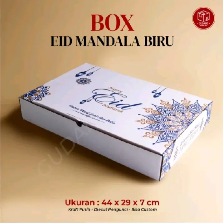 Box Eid Mubarak Mandala Biru 44x29×7cm/Box Kuker 500gram isi 6 Toples/Hampers Kardus Lebaran reject