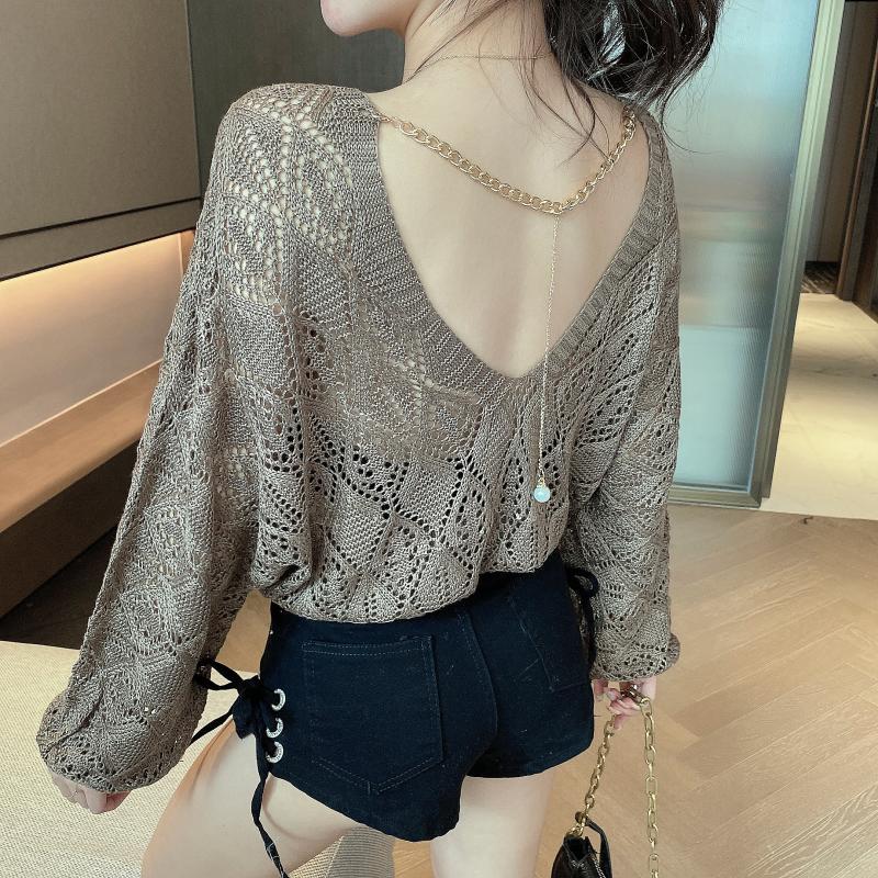 Áo Len Dài Tay Có Dây Xích Hở Lưng, Thiết Kế Thời Trang Mới, Đan Trang Trí, Rỗng, Màu Trơn, Cổ Chữ V, Dáng Rộng, Mỏng, Gợi Cảm, Áo Chống Nắng, Mùa Thu 2024 Nữ Loang Top