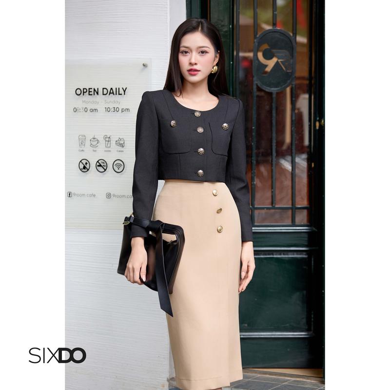 HN Áo vest ngắn cổ tròn SIXDO Black Breast Pocket Cropped Raw Vest