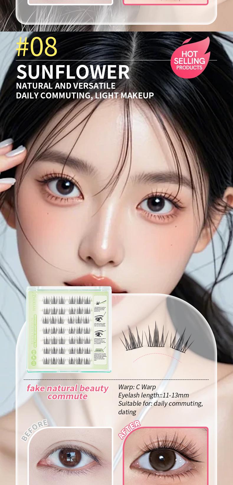 ZhiXian Bulumata palsu pemula bebas lem tidak perlu menggunakan lem bulu mata palsu dapat digunakan kembali Eyelash extension set C Curl False Eyelash Length 10-12 mm