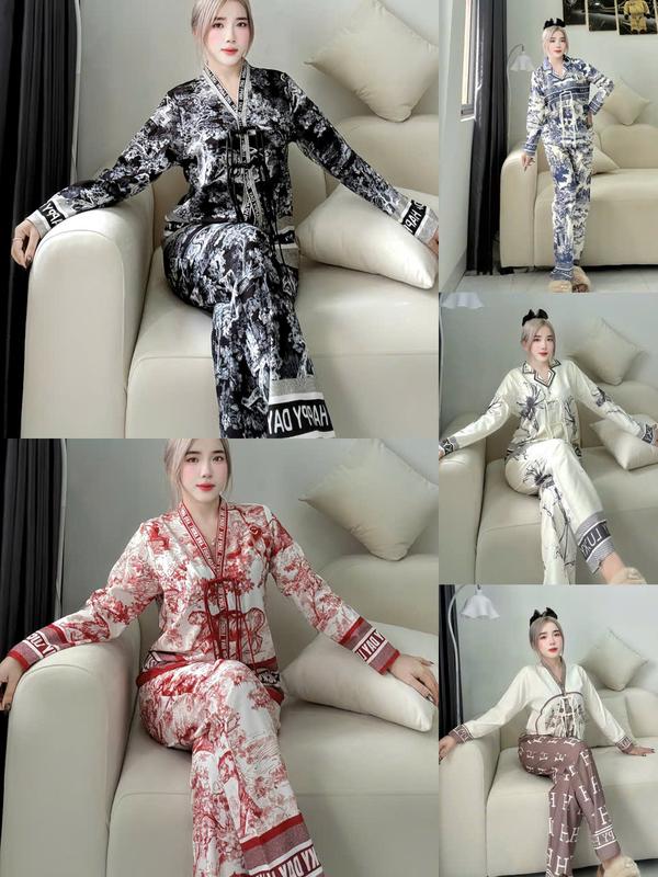 Đồ Bộ PIJAMA - Đồ Bộ Cỏ Y Đính Nơ Dài Tay Lụa LaTin Hoạ Tiết Mỹ Hân Store93 Fullsize Dưới 75kg.