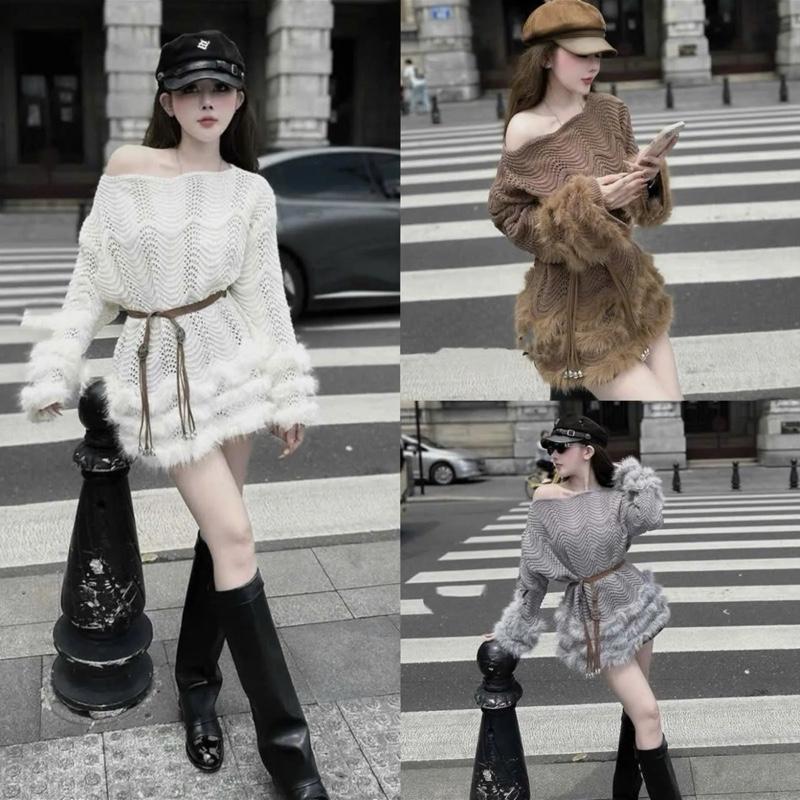   KÈM ĐAI -VIP   Áo Len trễ vai phối Lông sang chảnh  kèm đai 