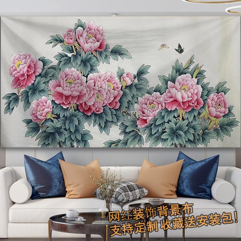 Lukisan peoni bunga nasional bergaya Tionghoa untuk dekorasi ruang tamu, kantor, dan penyewaan rumah, kain latar dinding, karpet gantung untuk live streaming populer