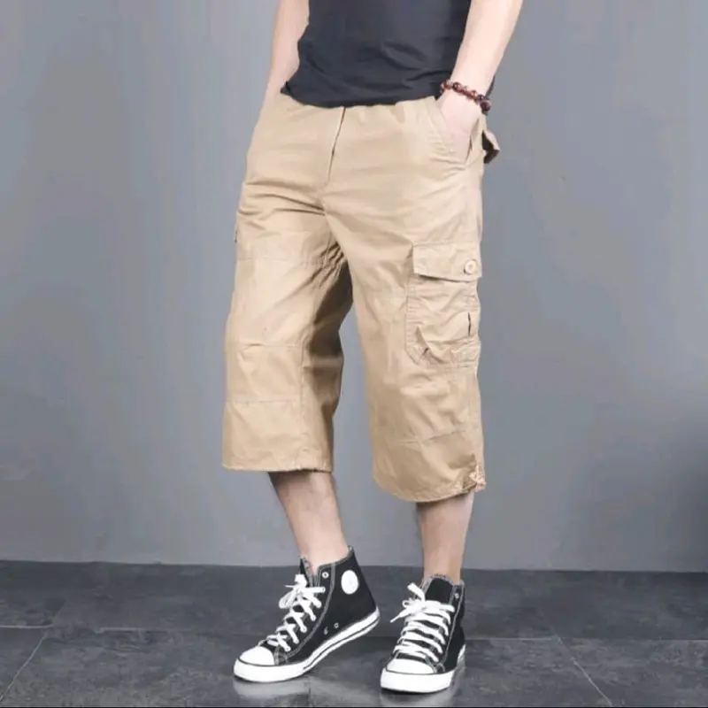 Celana Pendek 3/4 Sport Gabriel 7/8 Pria Dewasa Panjang Casual Nyaman Kantong Hitam Karet chinos Cargo Shorts Katun Santai Cowok Navy 3