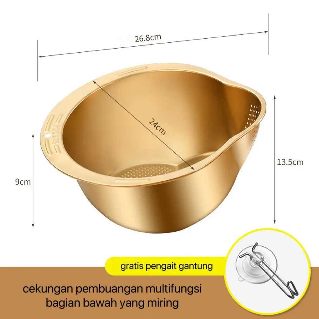 BAKINDO Baskom Stainless Steel SUS 304 Saringan Cuci Beras Sayuran Dan Buah Buahan Wadah Cuci Beras Alat Cuci Beras Biji Bijian Serba Guna Baskom Saringan Stainless Steel SUS 304