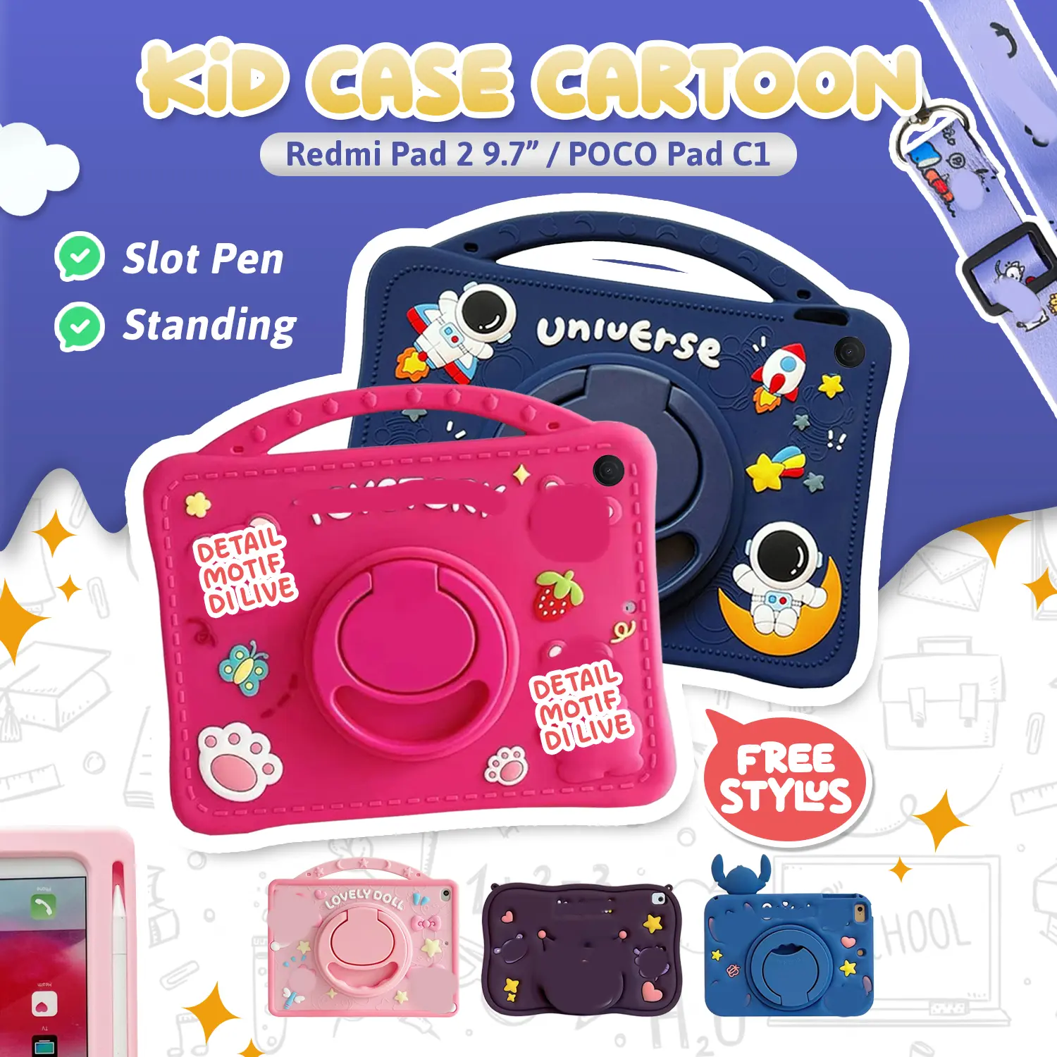 Casing For Xiaomi Redmi Pad 2 9.7" POCO Pad C1 9,7 Inch 2026 Softcase Standing Karakter Kid Lucu Cover Tablet Anak Shockproof Slot Pen Bonus Stylus Tali Motif Silicone Silikon