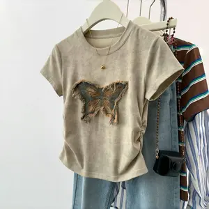 Kaos Patch Kupu-kupu Lengan Pendek Khaki