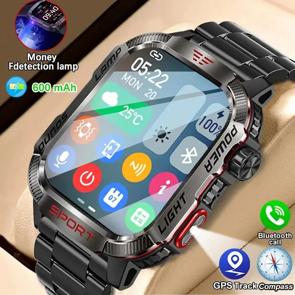2024 Jam tangan pintar Pria Outdoor Military IP68 Tahan air Fitness Tracker Compass Money detection lamp LED Lighting Altitude air pressure Bluetooth Call smartwatch HT29 for Android iOS