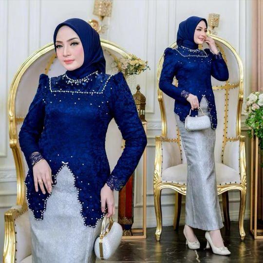 Av Free Hijab Kebaya Modern Berpayet Terbaru Set Kebaya Lamaran Pesta Biru Elegan dengan Payet Cantik Songket Lilit Wisuda Wanita Dress Setelan Baju