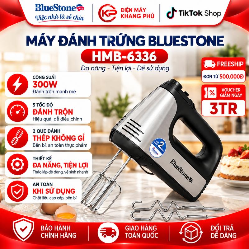 Máy Đánh Trứng - Nhào bột cầm tay BlueStone HMB-6336 400W - 5 Tốc Độ 400W Siêu Bền Que Thép Ko Gỉ Dụng Cụ An Toàn Tiện Lợi