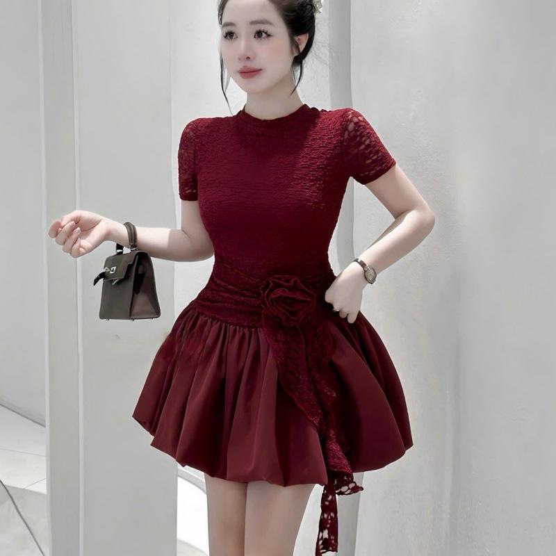 (P) Váy Ren Phối Hoa Eo Cộc Tay Nữ Tính Tôn Dáng Che Khuyết Điểm từ 40-54kg