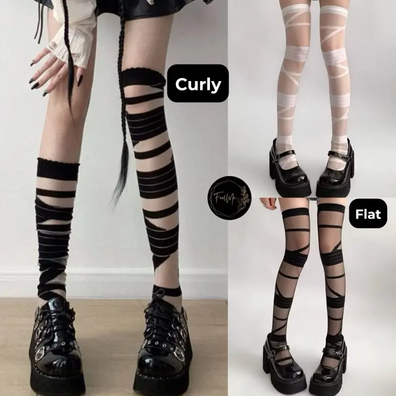 Feelme KK-280 Kaos Kaki Stocking Silang motif garis acak zigzag. Y2k Harajuku Lolita Gothic Japanese Style