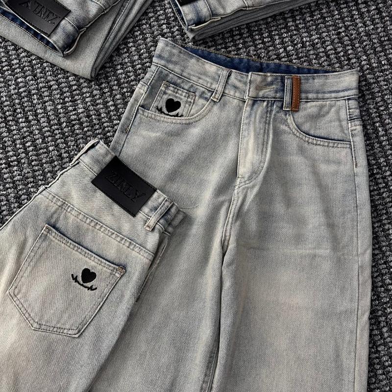 [ZINLY SHOP] Quần Jean Nữ Ống Suông Cạp Cao Màu Nhạt Túi Thêu Phối Dây Săn Nâu Lai Cuốn Vải Cotton Mềm Mát Không Co Giãn Q402 0