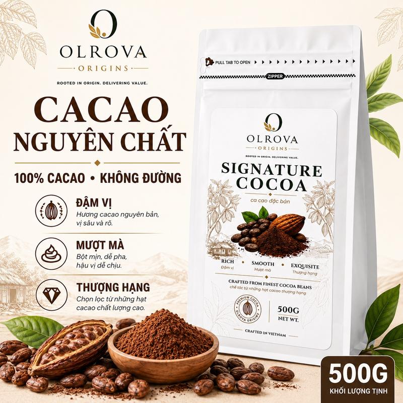 Bột Cacao Nguyên Chất Không Đường Bơ Cacao 15–17% OLROVA Signature Cocoa Powder