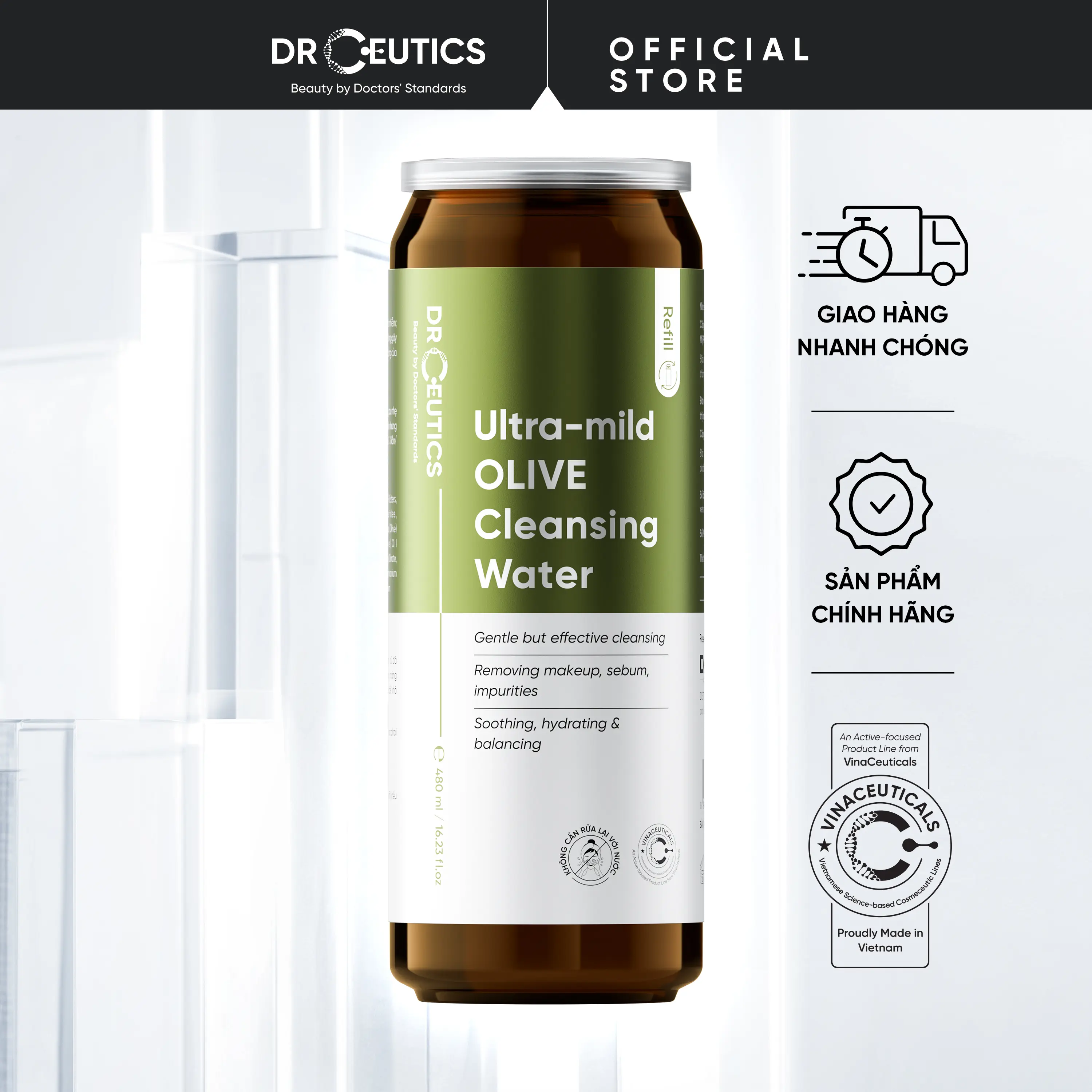 DRCEUTICS REFILL NƯỚC TẨY TRANG OLIVE – DẠNG NƯỚC & SỮA | TIẾT KIỆM – DỊU NHẸ CHO MỌI LOẠI DA (480ml)