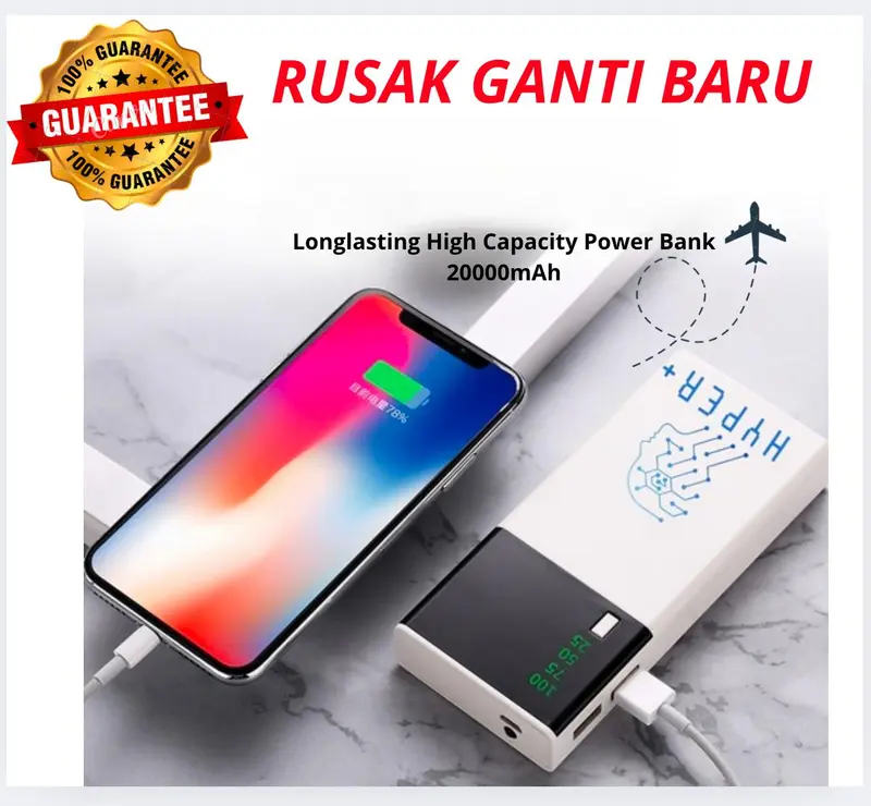 Hyper Powerbank 20000mAh LED Double USB Input Output | Garansi ganti baru 2